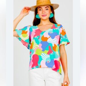 EUC Michelle‎ McDowell Colorful Print Wide Sleeve Blouse Top Size Small